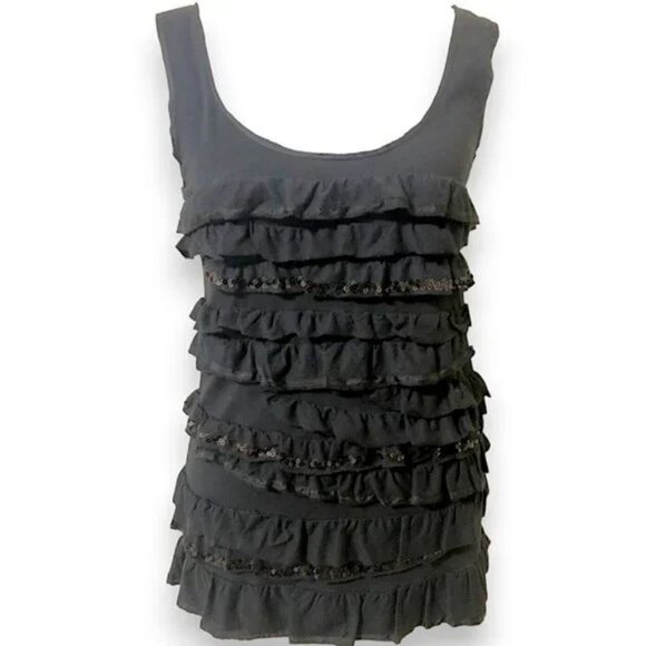 J. Crew Layering Black Tiered Ruffle Sequins Scoop Neck Tee Tank Top Blouse XS - Picture 2 of 7